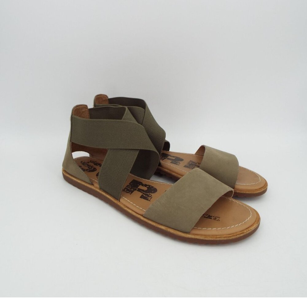 Sorel Ella III Olive Green Leather Stretch Cross Strap Sandals Size 8